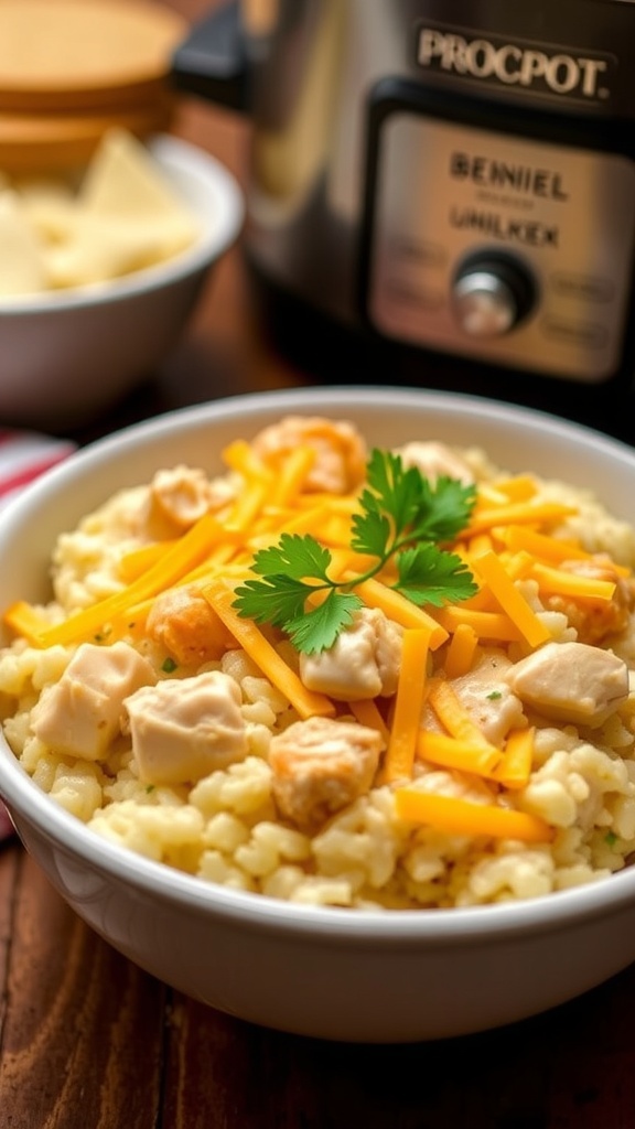 A cheesy chicken and rice casserole in a bowl, garnished with parsley, set in a warm kitchen.
